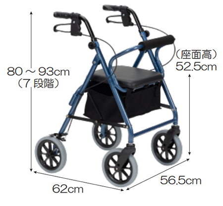 歩行車 ハッピー３（117090　117091）折りたたみ時自立　竹虎の寸法図