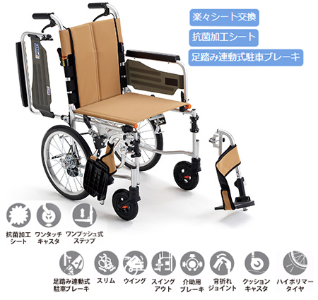 【非課税】ミキ 抗菌シート 介助型車椅子 STR-4B タッチレスブレーキ サニタリー車いす ウイング・スイングアウトの説明